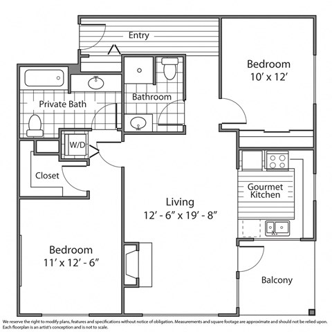Floor plan for 2 beds, 2 baths, 1013 sqft